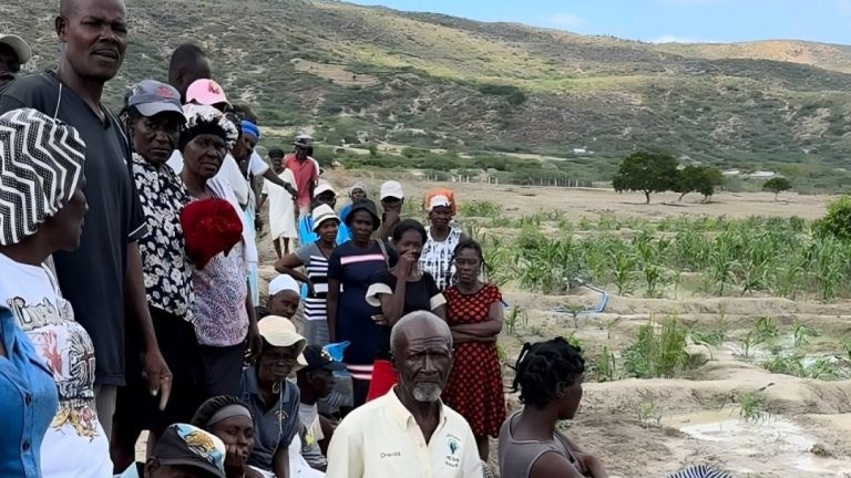rural farmers standing near a community garden
