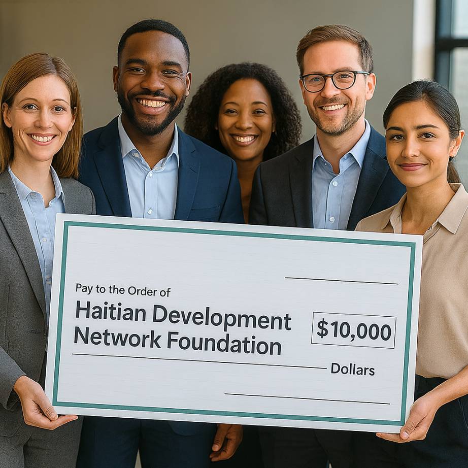 A corporate team presenting a donation check designated for Haiti community development programs