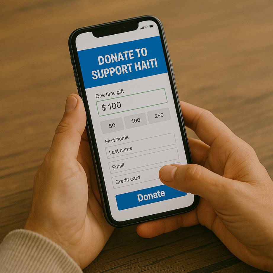 A donor making an online gift to support Haiti on a smartphone donation page