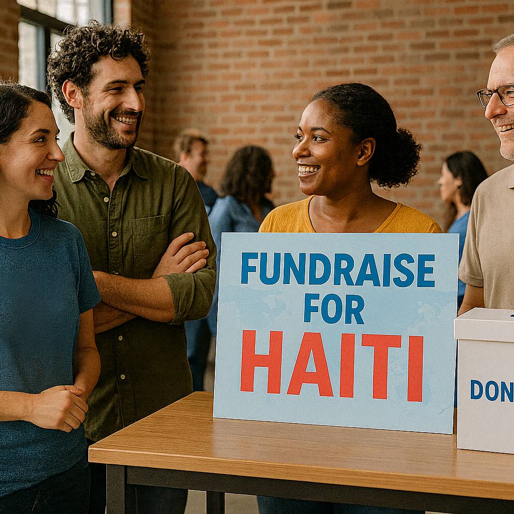 A Haiti fundraising event with a “Fundraise for Haiti” sign on a donation table and supporters gathered around