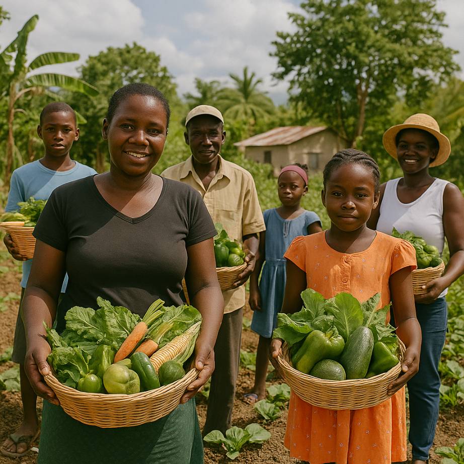 A Haiti community harvest scene with families holding baskets of fresh produce from a shared garden