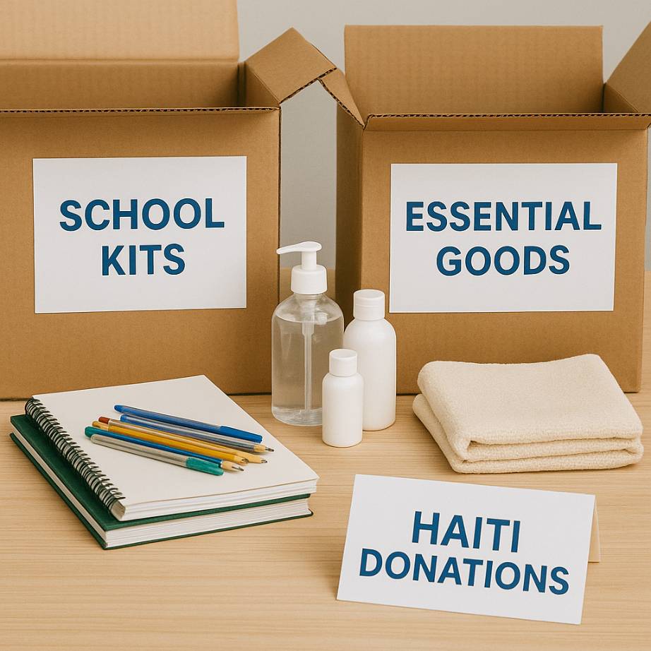 Organized Haiti donation supplies on a packing table with labels for school kits and essential goods
