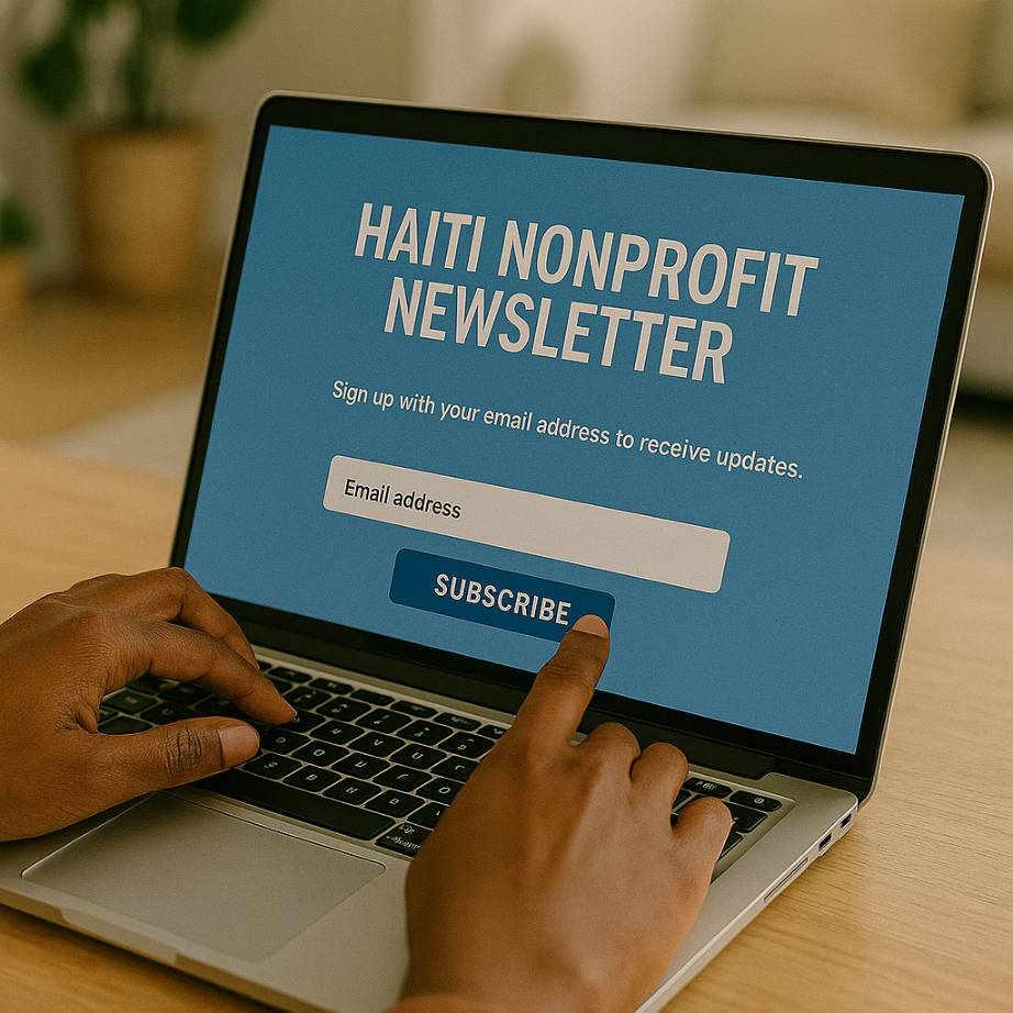 A person subscribing to a Haiti nonprofit newsletter on a laptop with an email signup form on screen