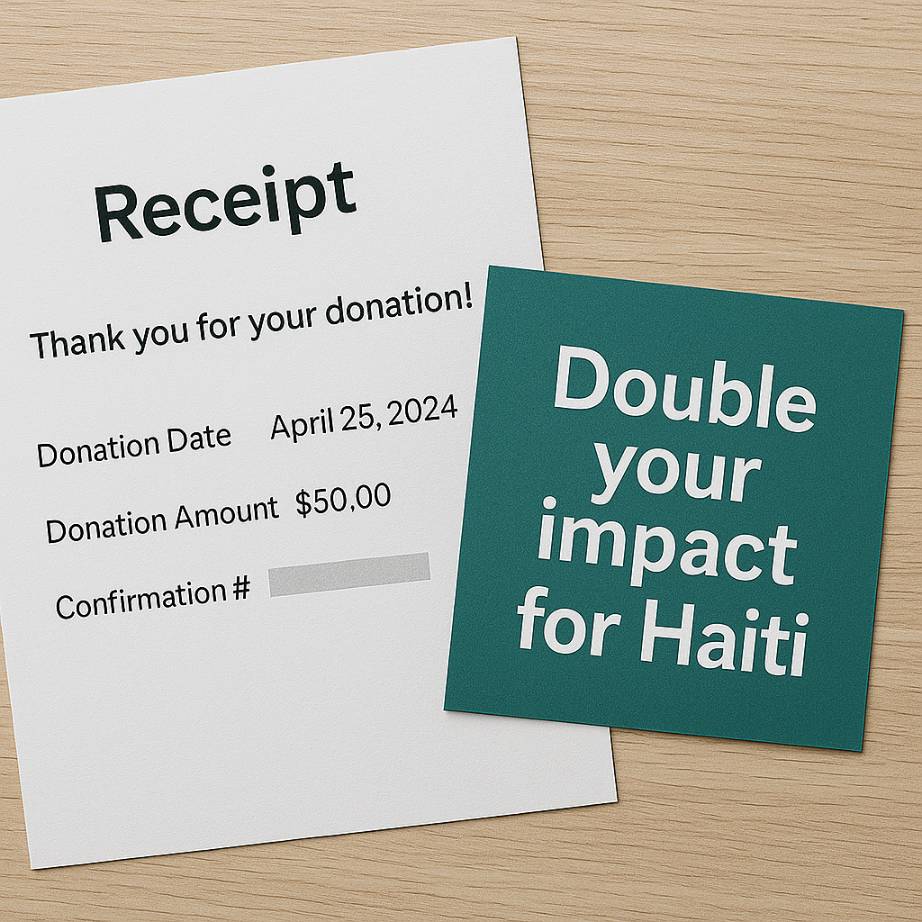 A Double your impact for Haiti matching-gift message displayed beside a donation confirmation receipt