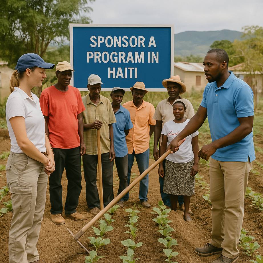 A Haiti program sponsorship moment showing an agricultural training demonstration with local farmers and facilitators