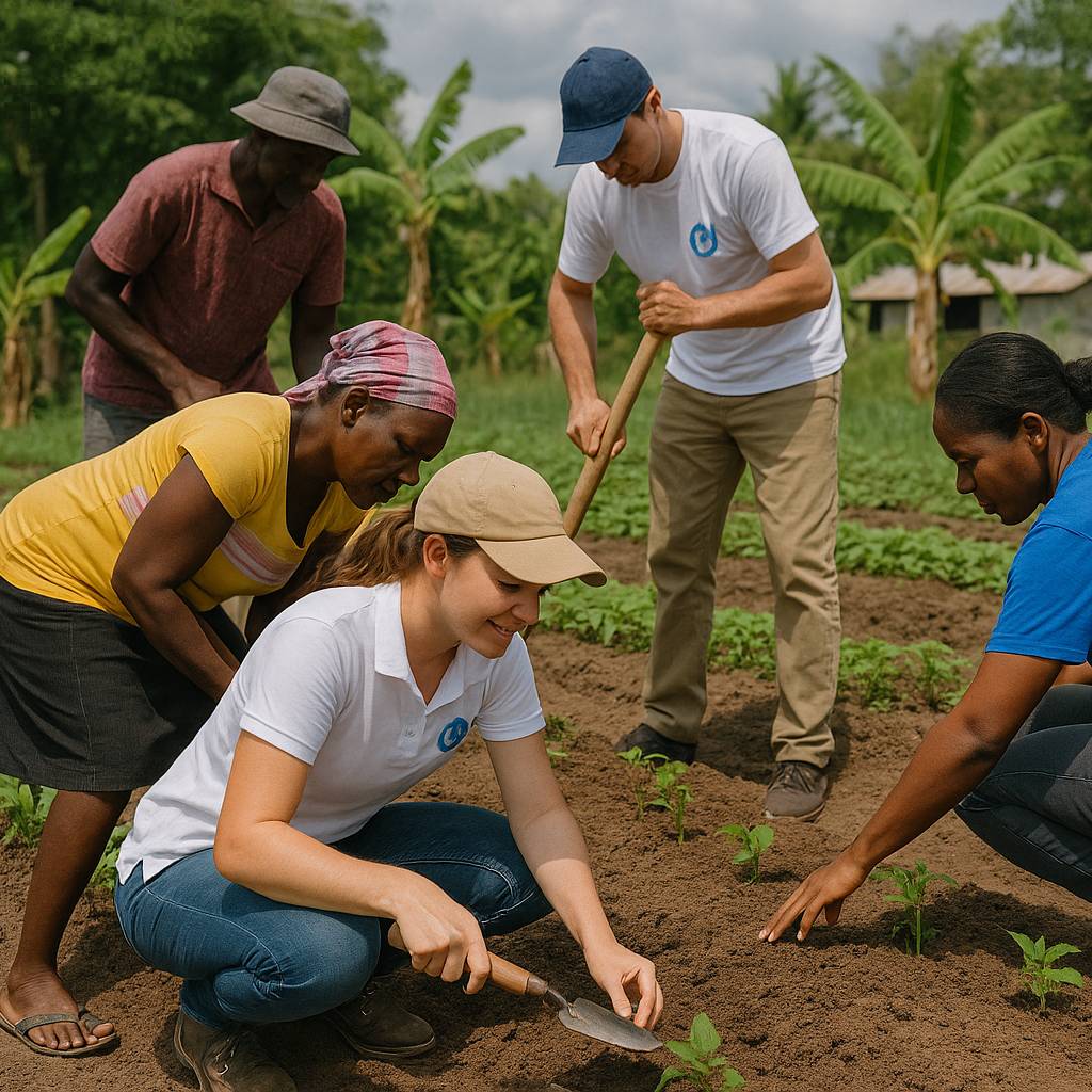 Volunteers working alongside local partners in Haiti in a community garden during an agricultural training session