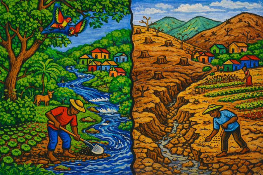 Split scene showing lush, healthy farmland on one side and dry, deforested land on the other, highlighting environmental degradation