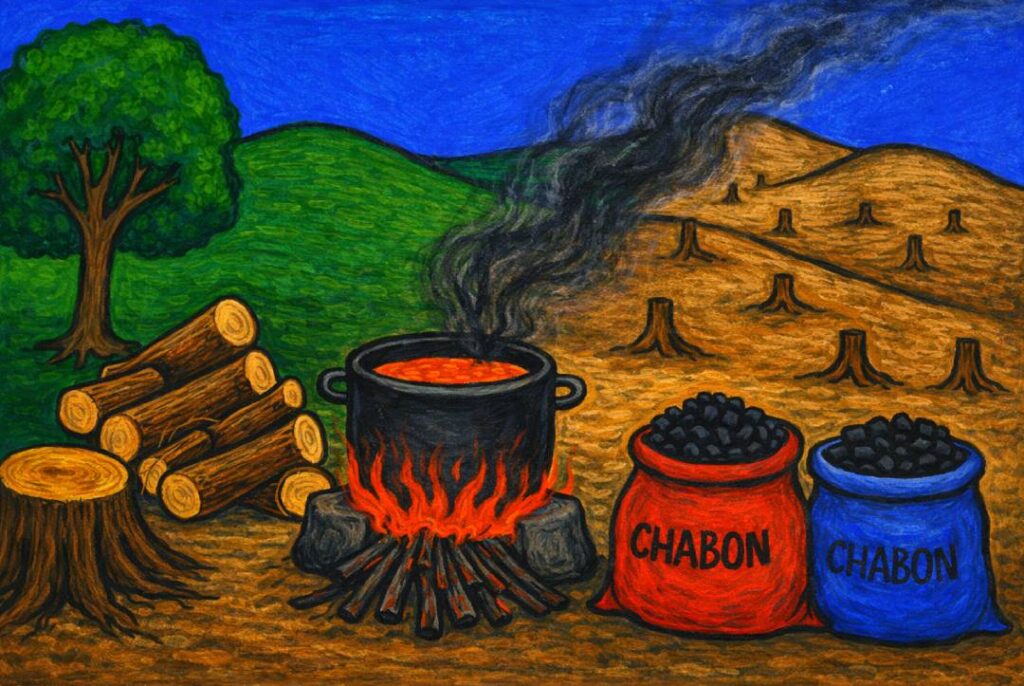 deforestation with trees cut down for charcoal production, showing environmental damage and fuel use in Haiti