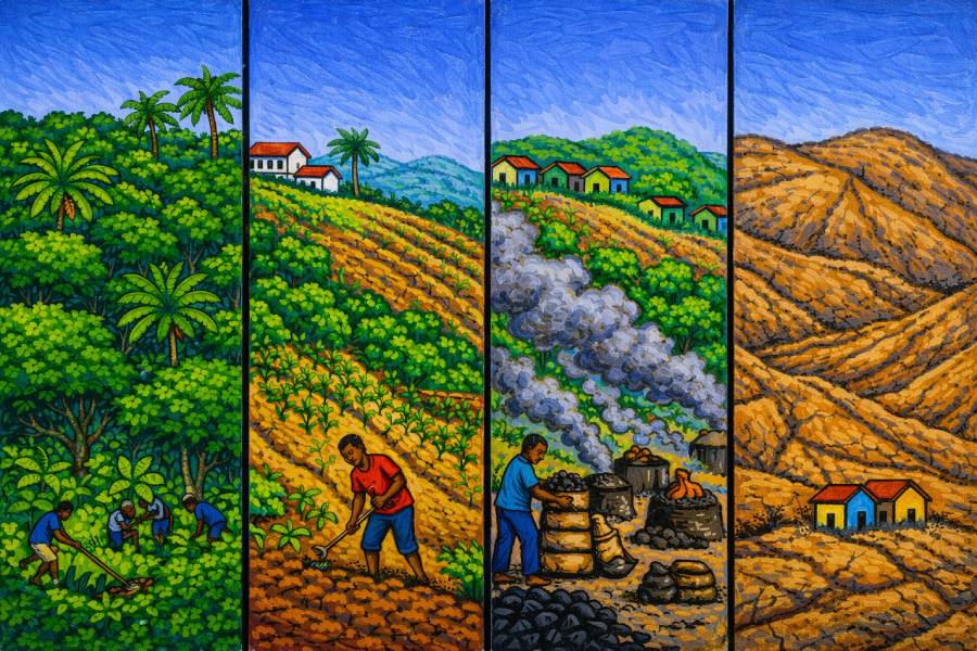 Four-panel illustration of land degradation: forest clearing, farming, charcoal production, and barren hills, showing stages of deforestation in Haiti