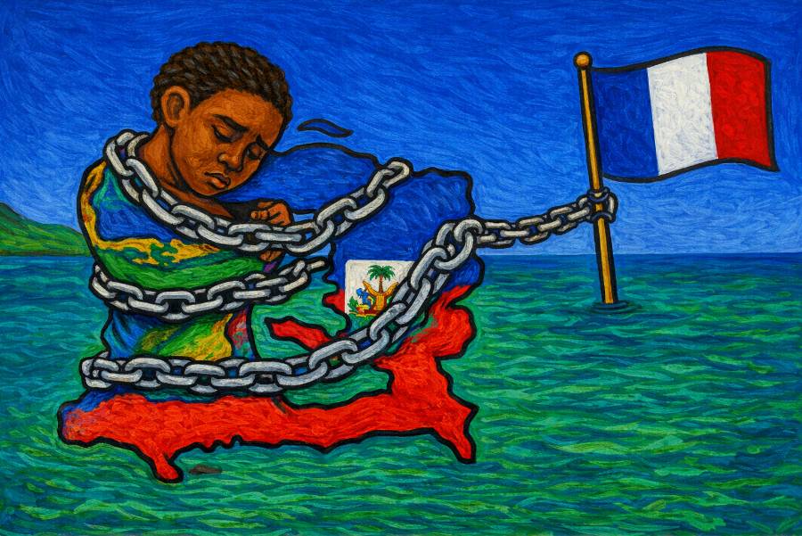 Haiti bound in chains connected to a French flag, symbolizing