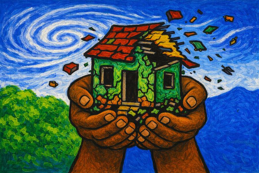 A small house in hands being torn apart by a hurricane