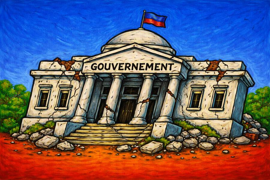 Cracked government building with rubble and a Haitian flag