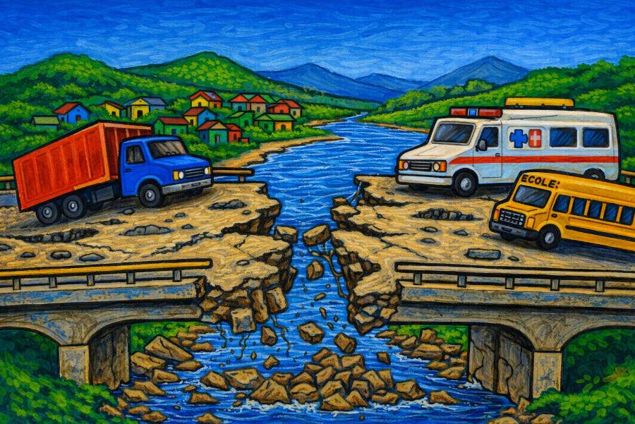 Broken bridge in Haiti separating vehicles like an ambulance and school bus