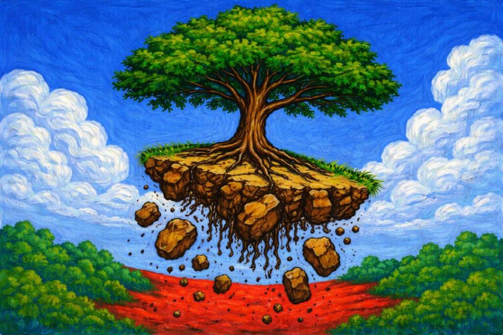 Tree growing on a floating piece of land with roots exposed, symbolizing soil erosion and environmental fragility