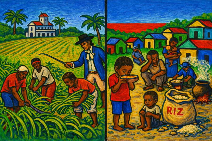Split scene of plantation labor under colonial rule and modern poverty