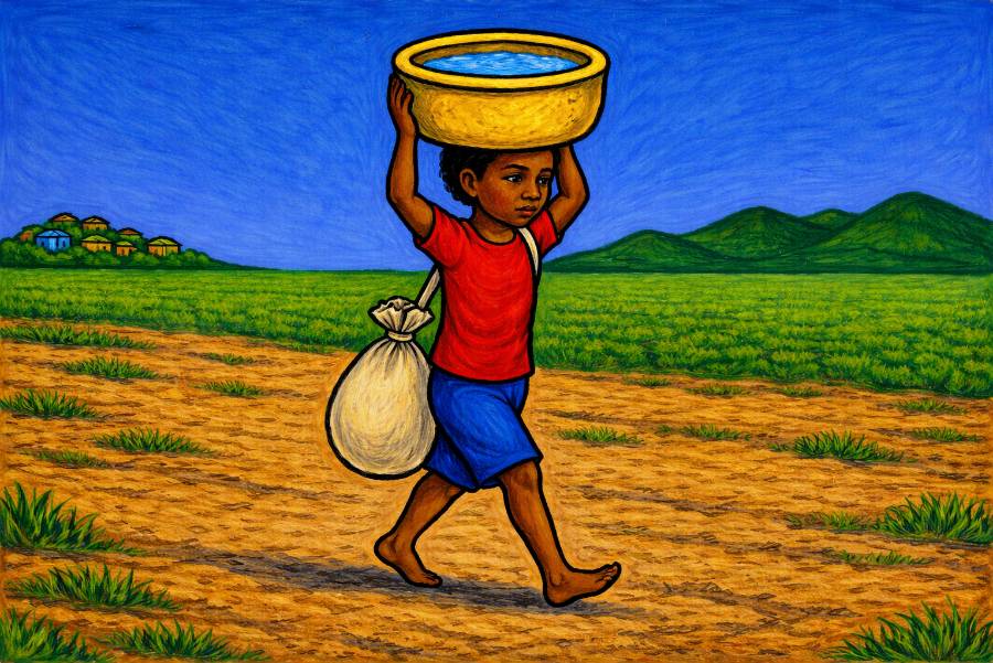 Haitian child carrying water across a dry rural landscape